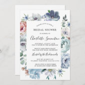 ダスティブルー赤面ピンクピーチフローラブライダルシャワー 招待状 (正面/裏面)