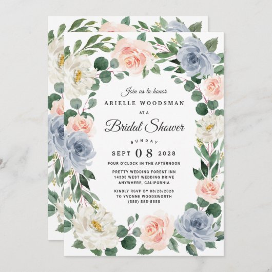 ダスティブルー赤面ピンクピーチフローラブライダルシャワー 招待状 (正面/裏面)