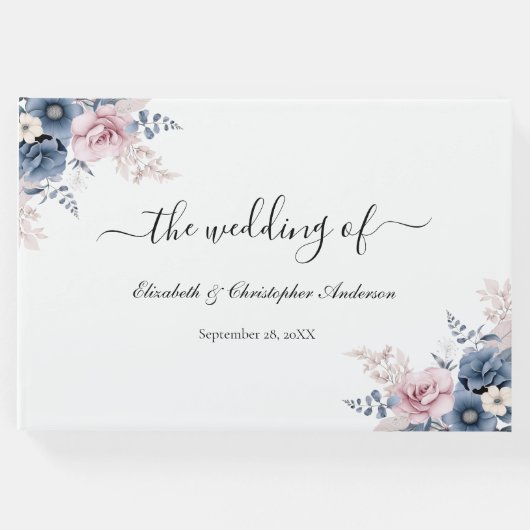 ダスティブルー赤面ピンクフローラボタニカル結婚ズ ゲストブック (正面)