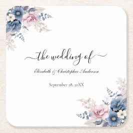 ダスティブルー赤面ピンクフローラボタニカル結婚ズ スクエアペーパーコースター