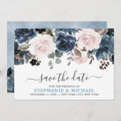 ダスティブルー赤面ピンクフローラボタニカル結婚ズ セーブザデート (正面/裏面)