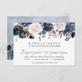 ダスティブルー赤面ピンクフローラボタニカル結婚ズ 出欠カード (正面/裏面)