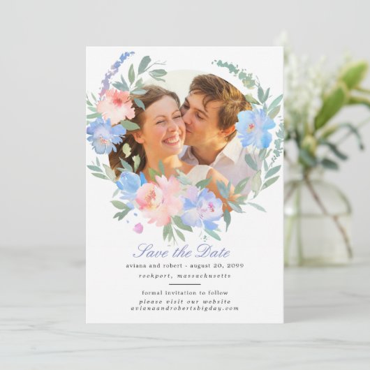 ダスティブルー赤面ピンクフローラリース結婚ズ セーブザデート (スタンド正面)