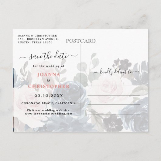 ダスティブルー赤面ピンクフローラ日付を保存 案内ポストカード (裏面)