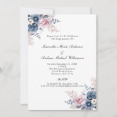 ダスティブルー赤面ピンクフローラ植物学婚約 招待状 (正面)