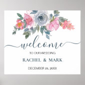 ダスティブルー赤面ピンクフローラ結婚のウェルカムサイン ポスター (正面)