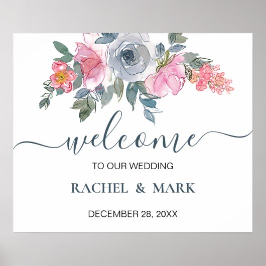 ダスティブルー赤面ピンクフローラ結婚のウェルカムサイン ポスター (正面)