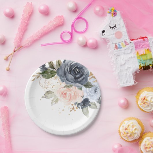 ダスティブルー赤面ピンクローズボタニッ結婚クス ペーパープレート (パーティー)