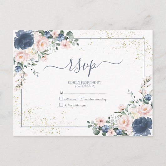 ダスティブルー赤面ピンク金ゴールドフローラなしメニューRSVP インビテーションポストカード (正面)