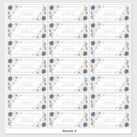 ダスティブルー赤面ピンク金ゴールドフローラゲストアドレス シール (シート)