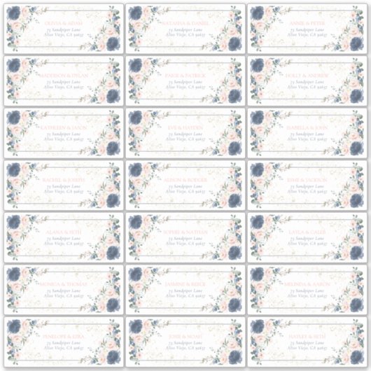 ダスティブルー赤面ピンク金ゴールドフローラゲストアドレス シール (正面)