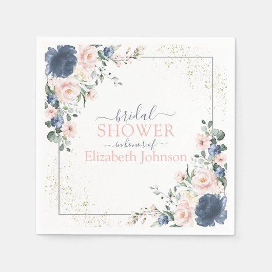 ダスティブルー赤面ピンク金ゴールドフローラブライダルシャワー スタンダードカクテルナプキン (正面)