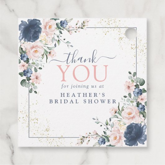 ダスティブルー赤面ピンク金ゴールドフローラブライダルシャワー フェイバータグ (裏面)