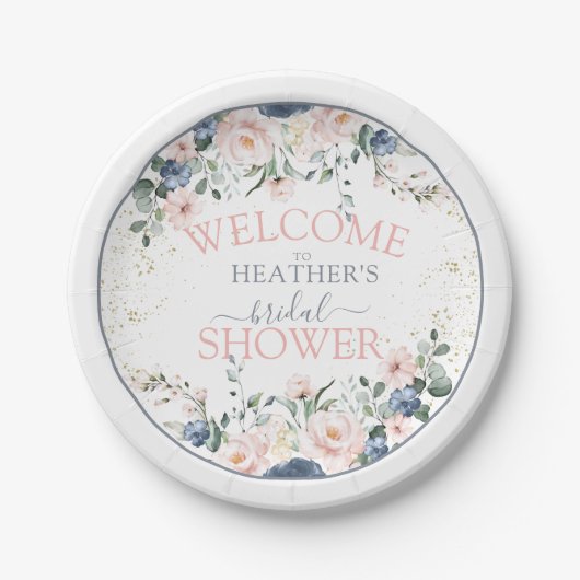 ダスティブルー赤面ピンク金ゴールドフローラブライダルシャワー ペーパープレート (正面)