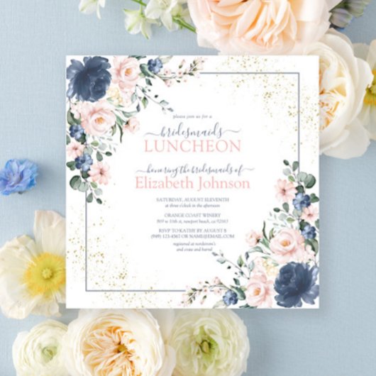 ダスティブルー赤面ピンク金ゴールドフローラ花嫁ランチ 招待状