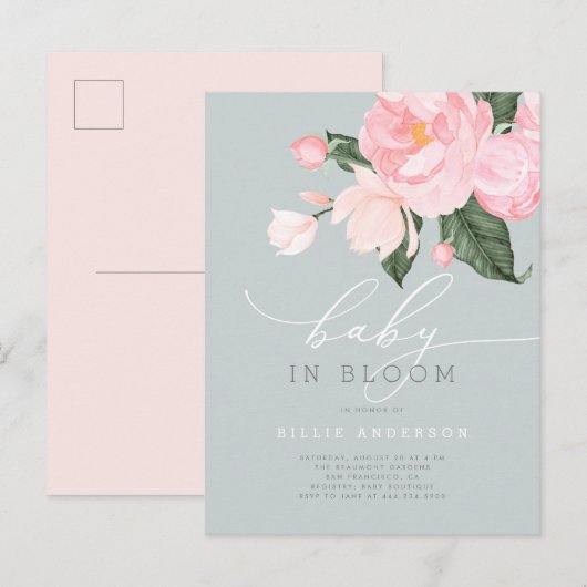 ダスティブルー赤面フローラベビーイン開花シャワー インビテーションポストカード (正面/裏面)