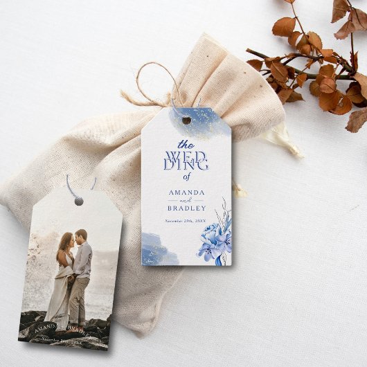 ダスティブルー金ゴールドエレガント結婚素朴グリッター ギフトタグ