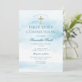 ダスティブルー金ゴールドクロスファースト聖餐式 招待状 (スタンド正面)