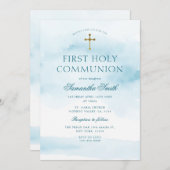 ダスティブルー金ゴールドクロスファースト聖餐式 招待状 (正面/裏面)