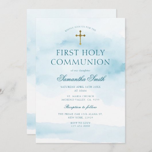 ダスティブルー金ゴールドクロスファースト聖餐式 招待状 (正面/裏面)