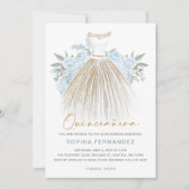 ダスティブルー金ゴールドグリッターフローラドレスキンセアニラ 招待状 (正面)