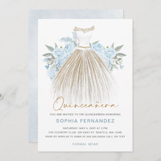 ダスティブルー金ゴールドグリッターフローラドレスキンセアニラ 招待状 (正面/裏面)