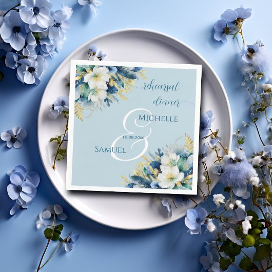 ダスティブルー金ゴールドグリッターフローラリハーサルディナー スタンダードカクテルナプキン