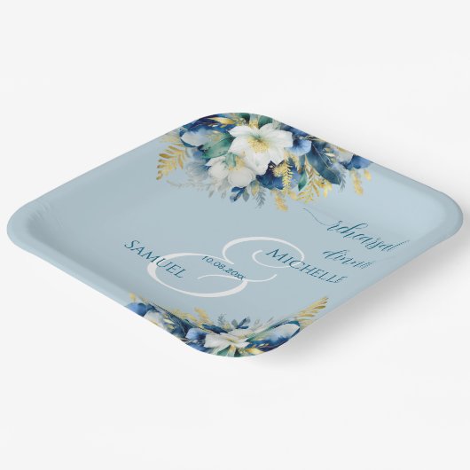 ダスティブルー金ゴールドグリッターフローラリハーサルディナー ペーパープレート (傾斜あり)