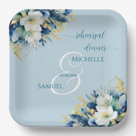 ダスティブルー金ゴールドグリッターフローラリハーサルディナー ペーパープレート (正面)