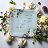 ダスティブルー金ゴールドグリッターフローラリハーサルディナー ペーパープレート