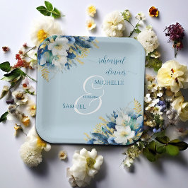 ダスティブルー金ゴールドグリッターフローラリハーサルディナー ペーパープレート