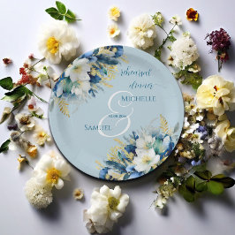 ダスティブルー金ゴールドグリッターフローラリハーサルディナー ペーパープレート