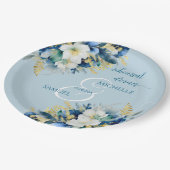 ダスティブルー金ゴールドグリッターフローラリハーサルディナー ペーパープレート (アングル)