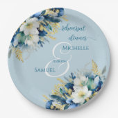ダスティブルー金ゴールドグリッターフローラリハーサルディナー ペーパープレート (正面)