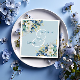 ダスティブルー金ゴールドグリッター結婚フローラ スタンダードカクテルナプキン