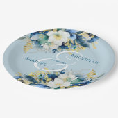 ダスティブルー金ゴールドグリッター結婚フローラ ペーパープレート (アングル)