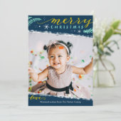 ダスティブルー金ゴールドスクリプトミニマリスト写真クリスマス シーズンカード (スタンド正面)