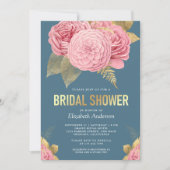 ダスティブルー金ゴールドピンクフローラブライダルシャワー 招待状 (正面)