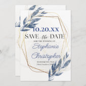 ダスティブルー金ゴールドフレームユーカリ日付を保存 招待状 (正面/裏面)