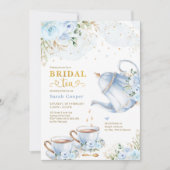 ダスティブルー金ゴールドフローラブライダルシャワーティーパーティー 招待状 (正面)