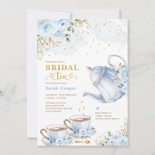 ダスティブルー金ゴールドフローラブライダルシャワーティーパーティー 招待状 (正面)