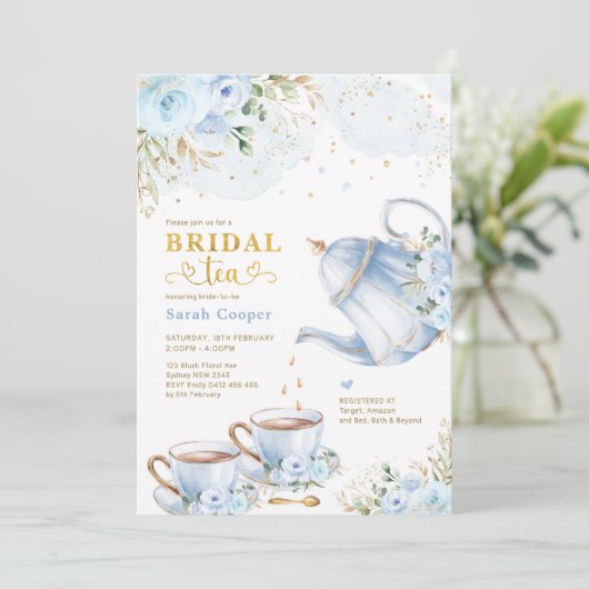 ダスティブルー金ゴールドフローラブライダルシャワーティーパーティー 招待状 (スタンド正面)