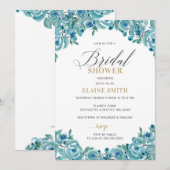 ダスティブルー金ゴールドフローラモダンブライダルシャワー 招待状 (正面/裏面)