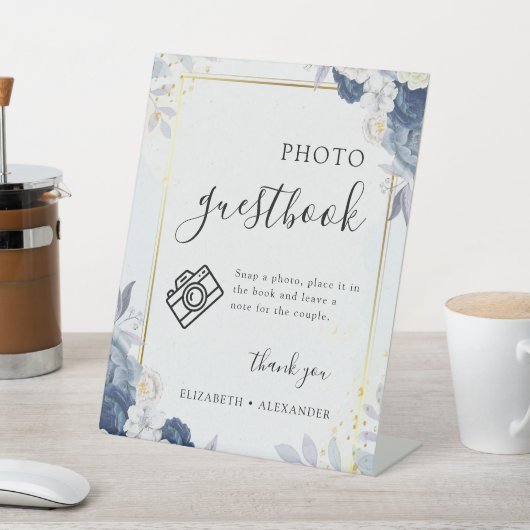 ダスティブルー金ゴールドフローラ結婚のフォトゲストブック 台座サイン (インサイチュ)