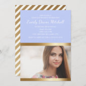 ダスティブルー金ゴールドホワイトストライプ卒業パーティー セーブザデート (正面/裏面)