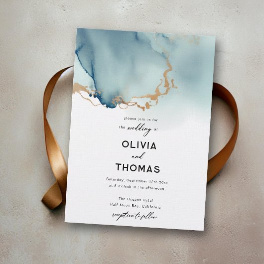 ダスティブルー金ゴールドモダンロマンチックシックビーチ結婚式 招待状
