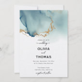 ダスティブルー金ゴールドモダンロマンチックシックビーチ結婚式 招待状 (正面)