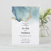 ダスティブルー金ゴールドモダンロマンチックシックビーチ結婚式 招待状 (スタンド正面)