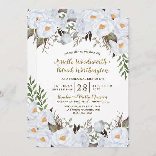 ダスティブルー金ゴールドヴィンテージフローラリハーサルディナー 招待状 (正面/裏面)