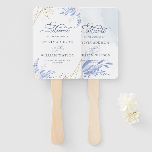 ダスティブルー金ゴールド幾何学的ピンクフローラ結婚ズ ハンドファン (正面&裏面)